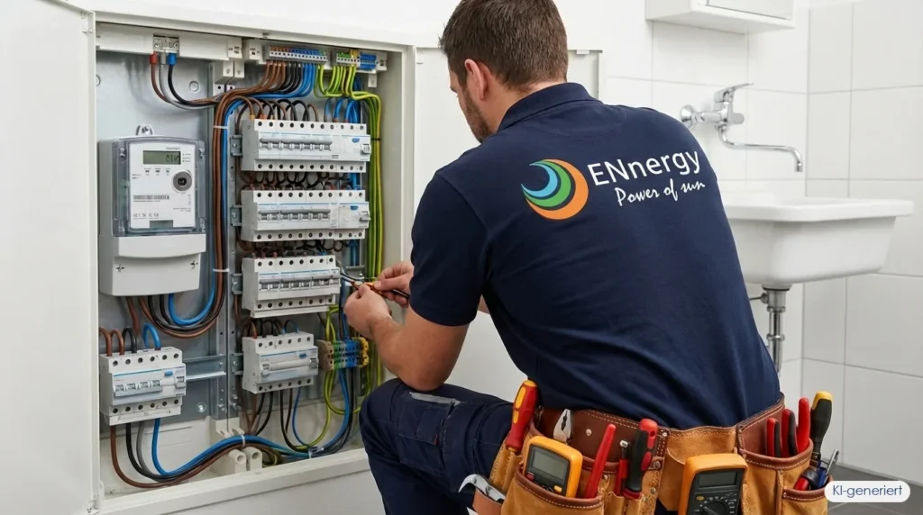 ENnergy-Elektriker arbeitet am Zählerschrank im Hauswirtschaftsraum – AC-Anschluss einer PV-Anlage, KI-generiert
