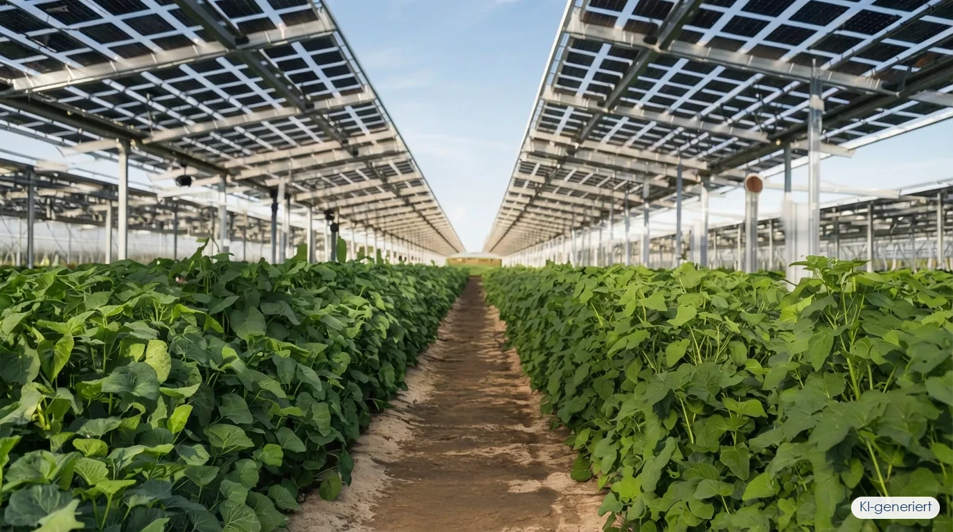 Agri-PV Anlage mit bifazialen Solarmodulen über Pflanzenreihen – Doppelnutzung von Flächen in der Landwirtschaft