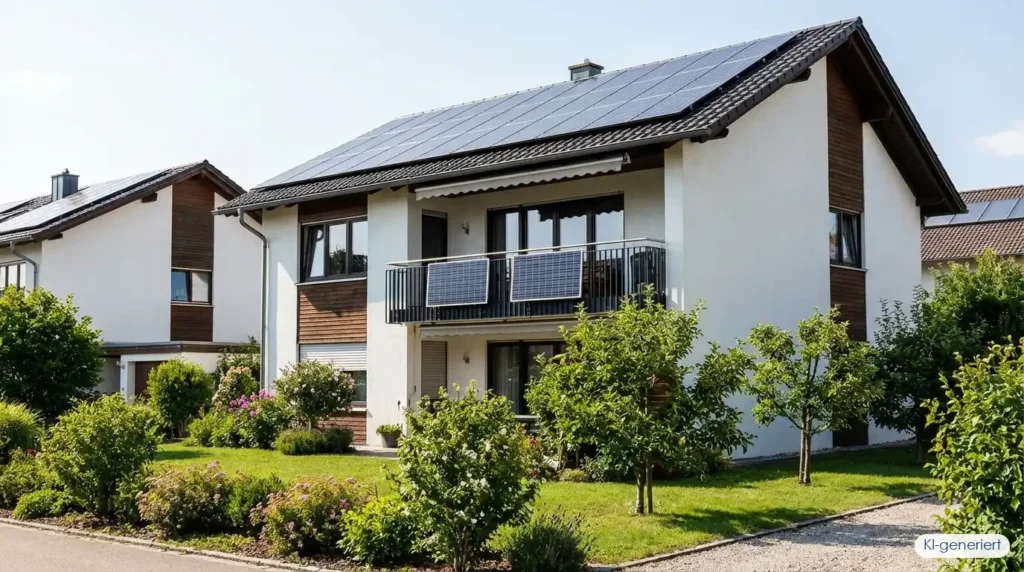 Vergleich Balkonkraftwerk und PV-Anlage: Solarmodule am Balkon neben einer Dach-Solaranlage auf einem Einfamilienhaus, KI-generiert