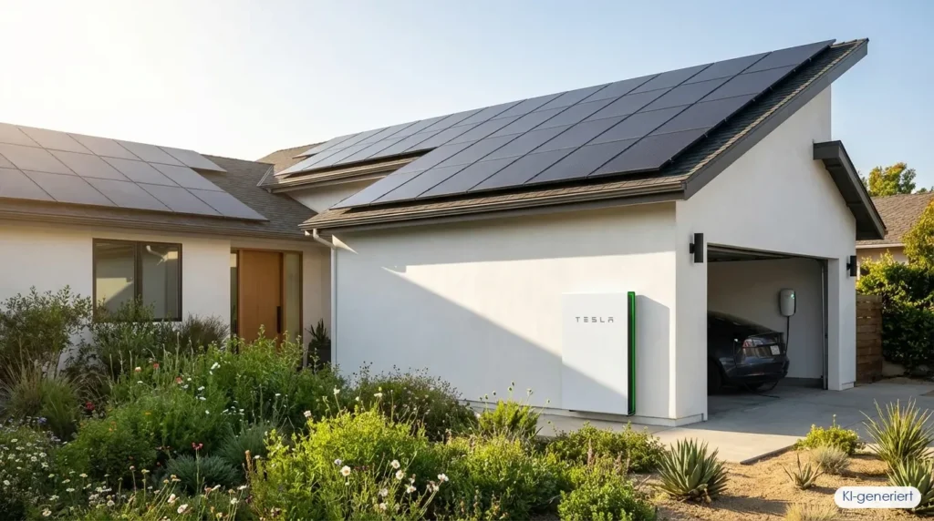 Modernes Einfamilienhaus mit Solaranlage auf dem Dach und weißem Batteriespeicher an der Hauswand, KI-generiert