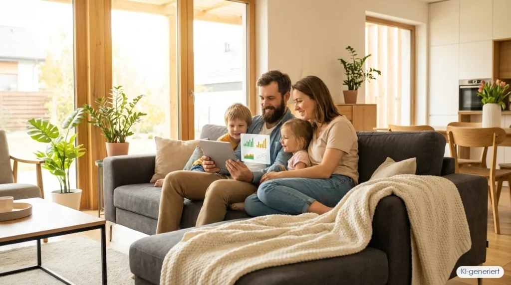 Familie auf der Couch schaut Energieverbrauchsdaten auf dem Tablet – Smart Meter für PV-Anlage, KI-generiert