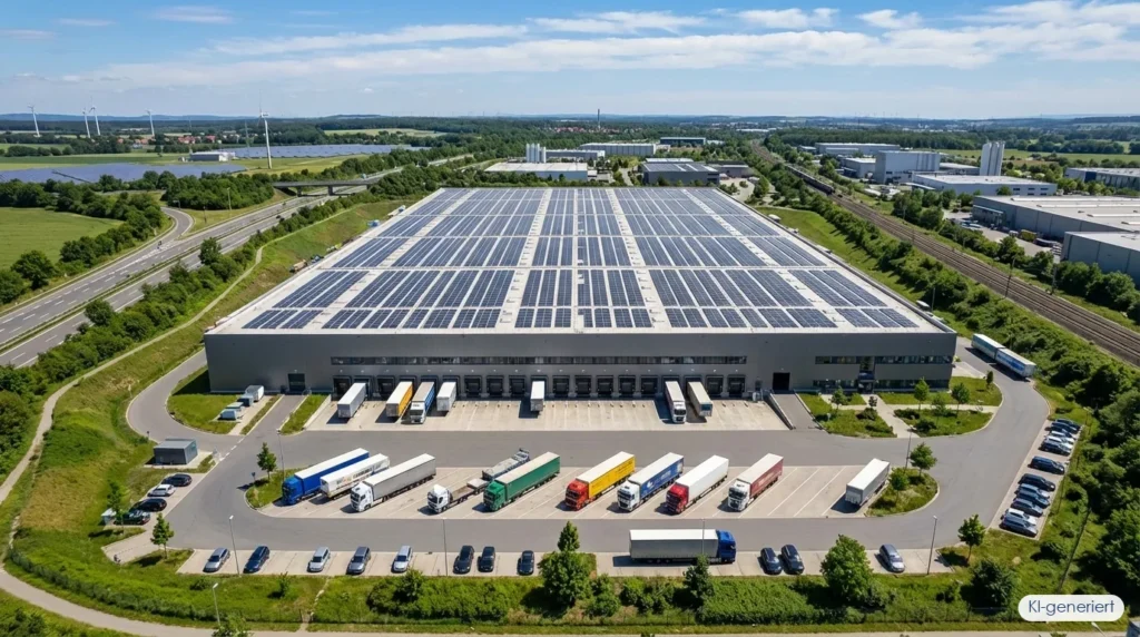 Große Logistikhalle mit Photovoltaikanlage auf dem Flachdach aus der Drohnenperspektive – Direktvermarktung von PV-Strom, KI-generiert