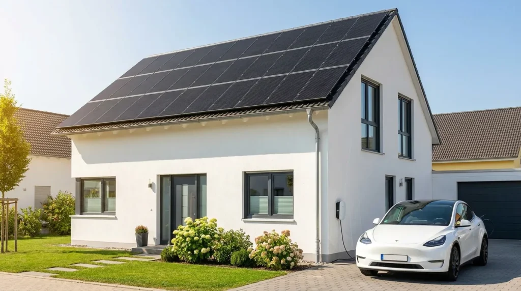 E-Auto beim Laden mit Solarstrom an einer Wallbox vor einem Einfamilienhaus mit Photovoltaikanlage auf dem Dach