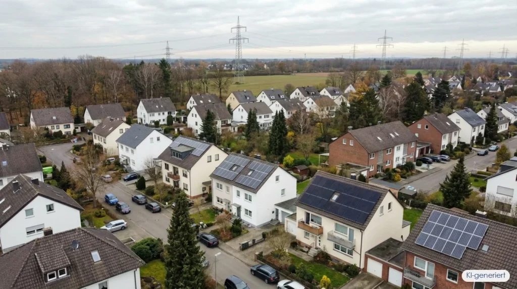 Deutsche Wohnsiedlung mit Solaranlagen auf den Dächern und Strommasten im Hintergrund – Einspeisevergütung 2026, KI-generiert
