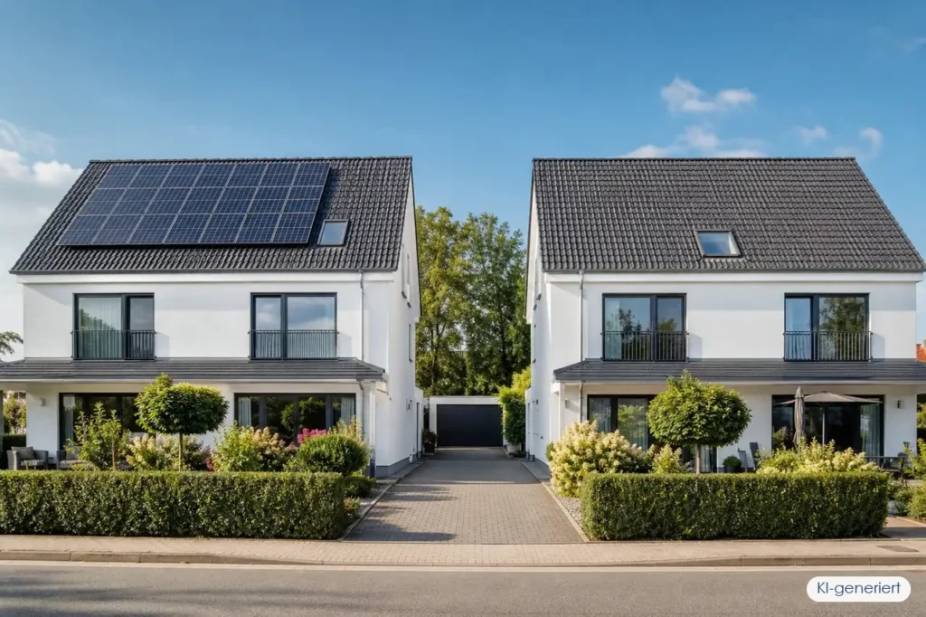 Reihenhaussiedlung mit Photovoltaik auf den Dächern, deren Bewohner per Energy Sharing ihren Solarstrom mit Nachbarn teilen, KI-generiert