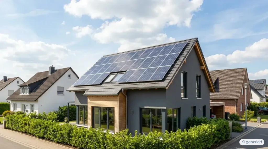 Modernes Einfamilienhaus mit Photovoltaikanlage auf dem Dach in einer typischen NRW Wohngegend bei sonnigem Wetter, KI-generiert