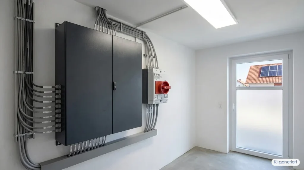Feuerwehrschalter neben dem Zählerschrank im Hauswirtschaftsraum – DC-Freischalter für PV-Anlage, KI-generiert