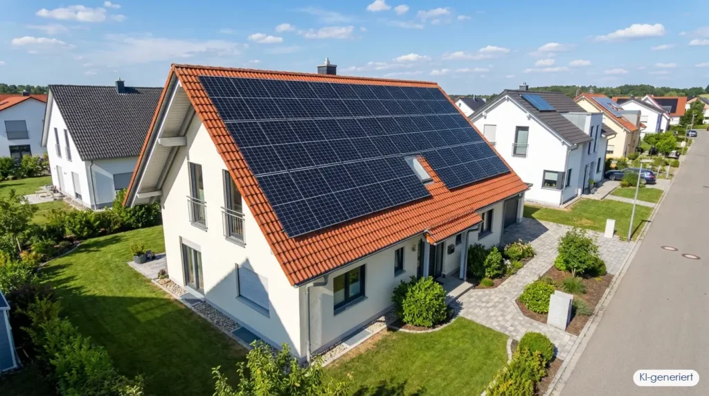 Solaranlage auf Einfamilienhaus-Dach mit Checkliste für häufige Fehler bei der Photovoltaik-Planung, KI-generiert