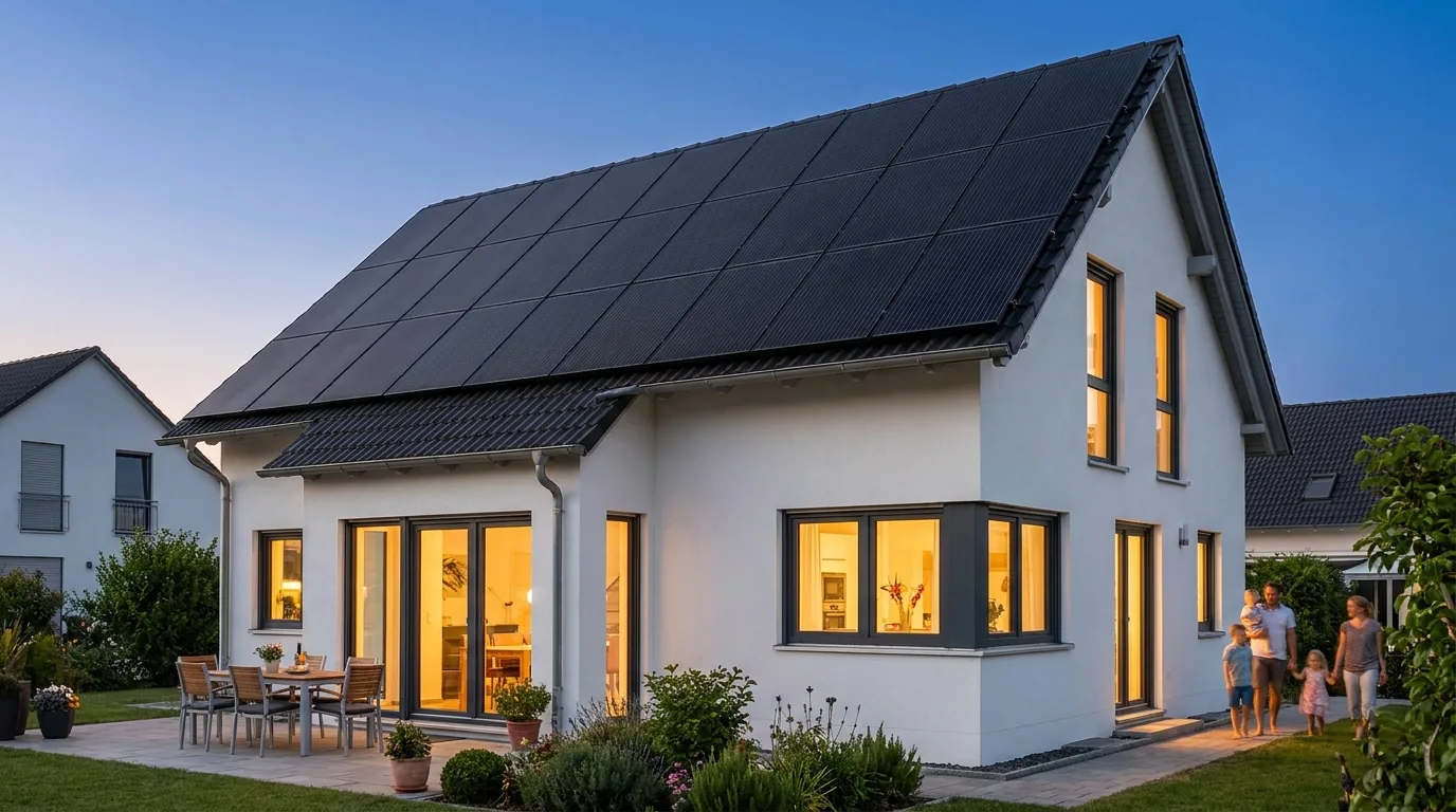 Familie vor Einfamilienhaus mit Photovoltaik am Abend
