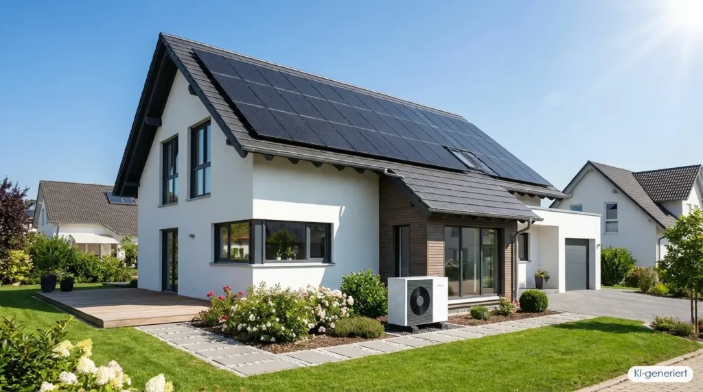 Modernes Einfamilienhaus mit schwarzen Solarmodulen auf dem Dach und weißer Wärmepumpe im Garten, KI-generiert