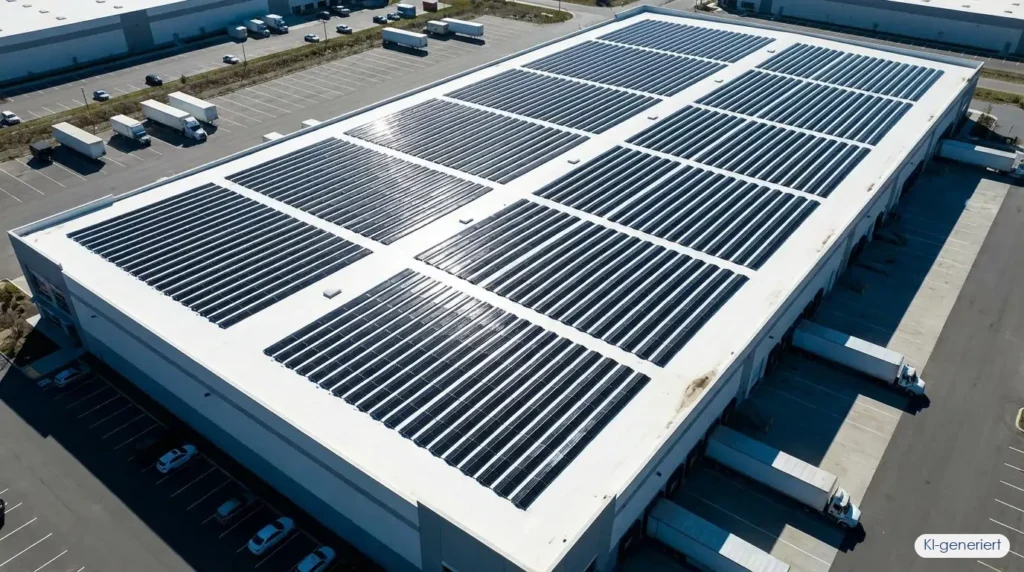 Leichte flexible Solarmodule auf einem Flachdach einer Gewerbehalle mit geringer Traglast installiert, KI-generiert
