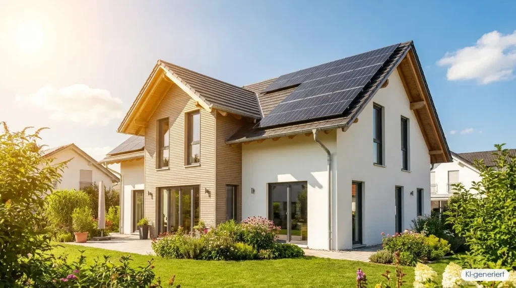 Solaranlage auf Einfamilienhaus-Dach mit Sonnenschein zeigt warum sich Photovoltaik 2026 lohnt, KI-generiert