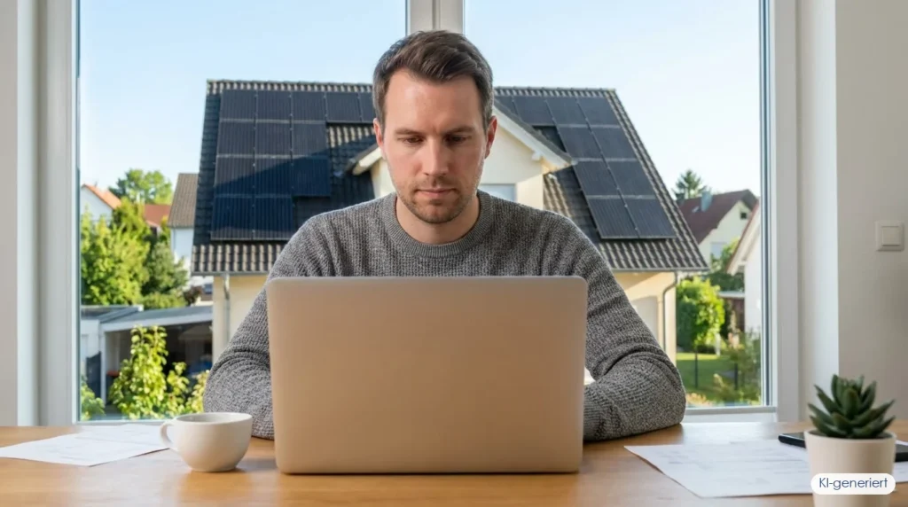 Mann am Laptop registriert seine PV-Anlage im Marktstammdatenregister – Solaranlage auf Nachbardach im Hintergrund, KI-generiert