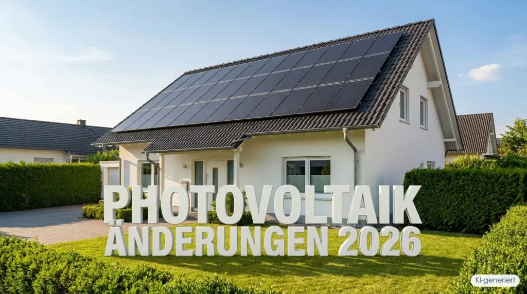 Einfamilienhaus mit Solaranlage auf dem Dach und 3D-Schriftzug Photovoltaik Änderungen 2026 auf dem Rasen davor, KI-generiert