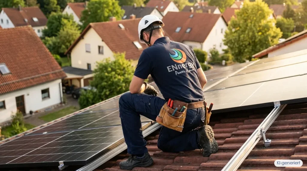 Solarmodule auf Einfamilienhaus-Dach mit Monteur bei der Installation einer Photovoltaikanlage, KI-generiert