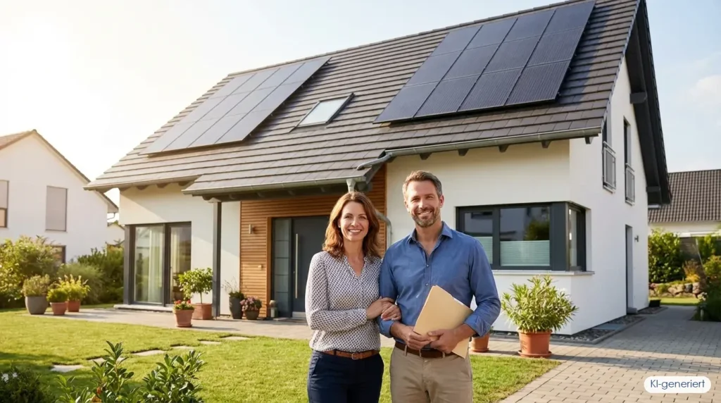 Paar vor Einfamilienhaus mit Solaranlage und Unterlagen zur Photovoltaik Gewerbeanmeldung, KI-generiert