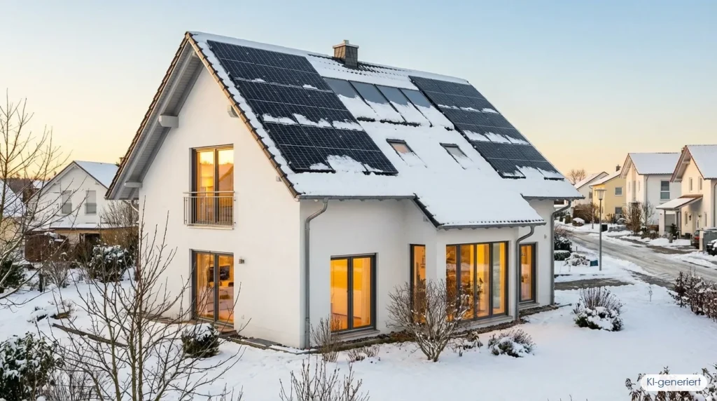 Einfamilienhaus mit Solarmodulen auf dem verschneiten Dach im Winter – Photovoltaik im Winter, KI-generiert