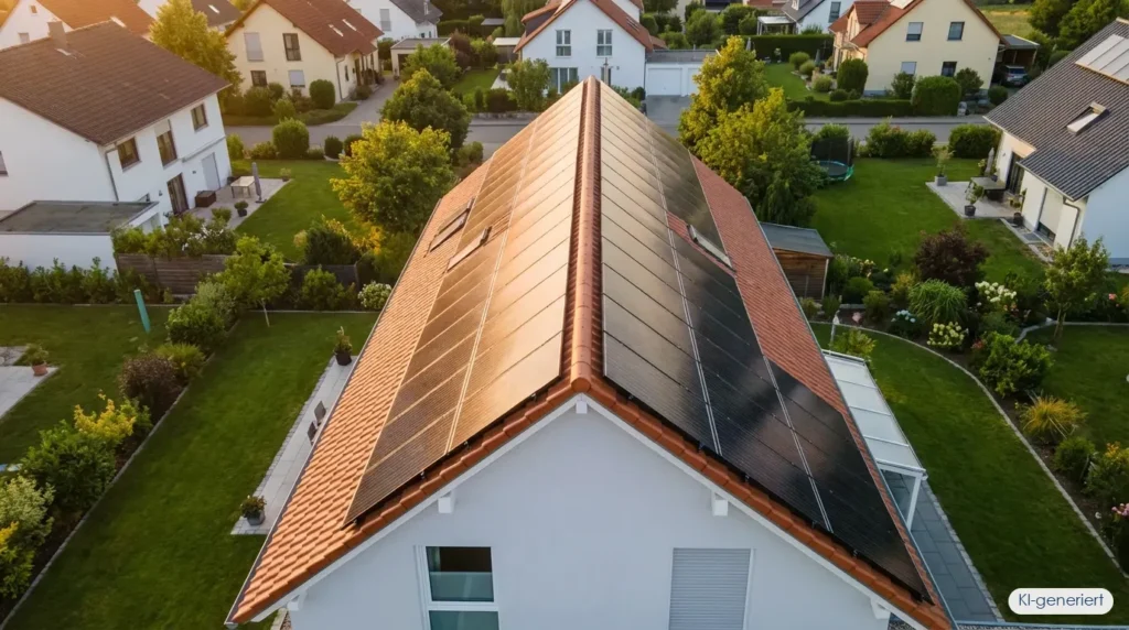 Vergleich zwischen gekaufter und gemieteter Photovoltaikanlage auf einem Einfamilienhaus-Dach mit Kostengegenueberstellung, KI-generiert
