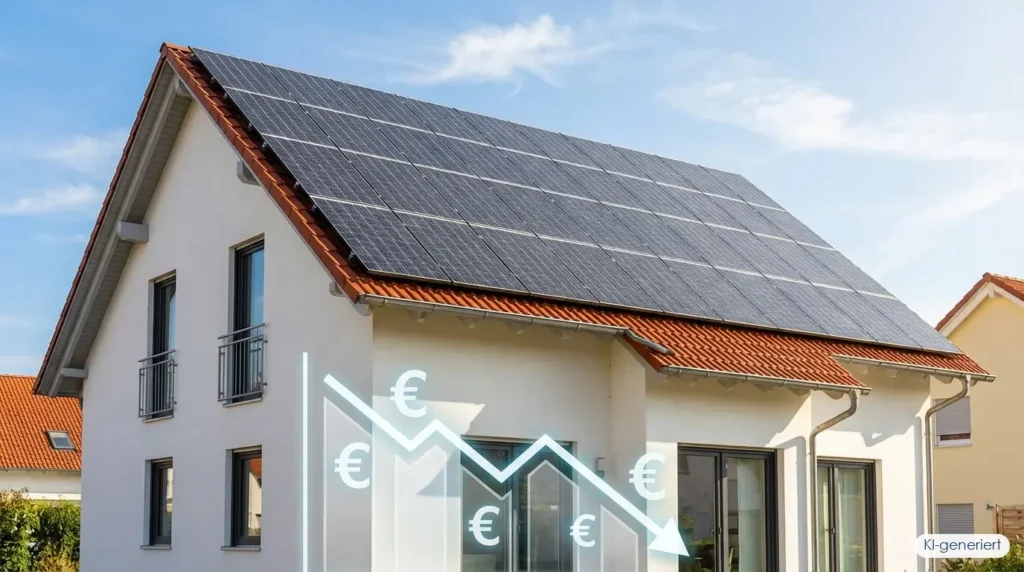 Einfamilienhaus mit Solaranlage und sinkende Kostenkurve - Photovoltaik Kosten 2026, KI-generiert