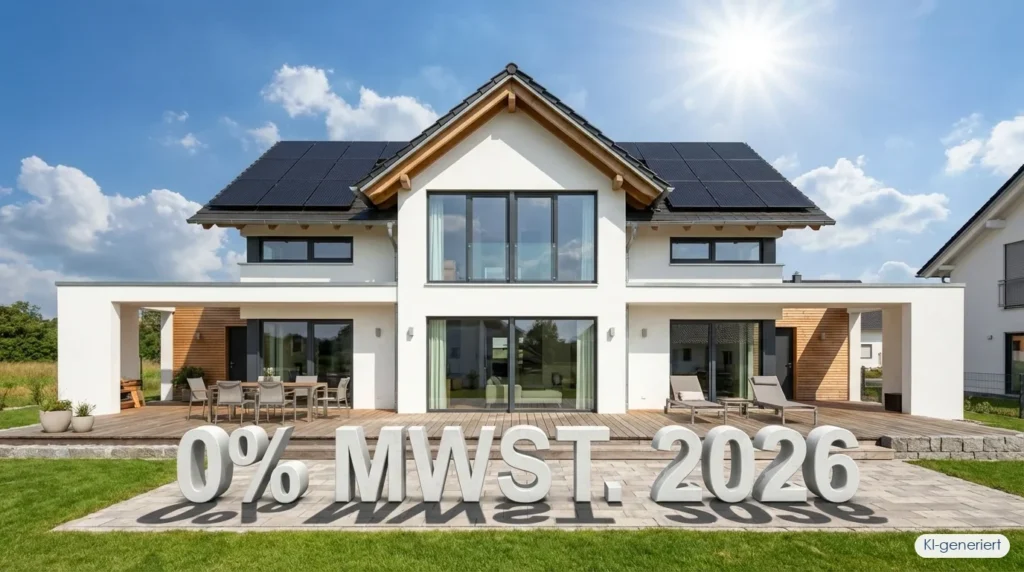 Photovoltaik Mehrwertsteuer 2026: Einfamilienhaus mit Solaranlage und 0% MwSt. Schriftzug, KI-generiert