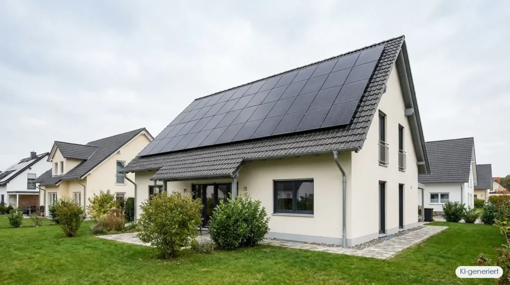 Photovoltaik Nordseite: Schwarze Solarmodule auf Norddach eines Einfamilienhauses mit diffusem Licht, KI-generiert