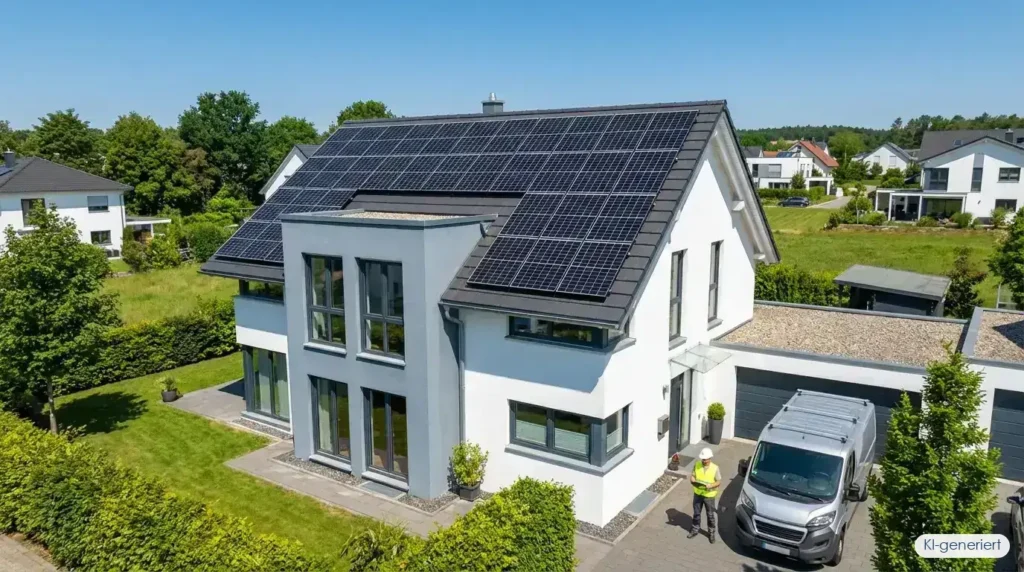 Photovoltaikanlage planen: Solarmodule auf Einfamilienhaus-Dach mit optimaler Dachausrichtung und Neigung, KI-generiert