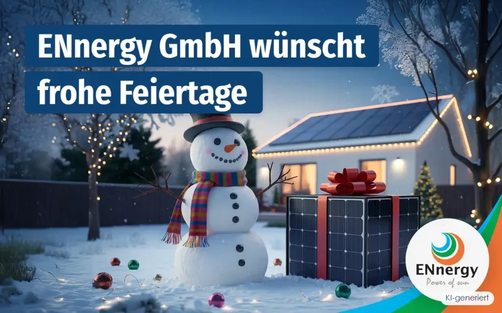 ENnergy Weihnachtsgruesse: Schneemann vor Haus mit Photovoltaik, KI-generiert