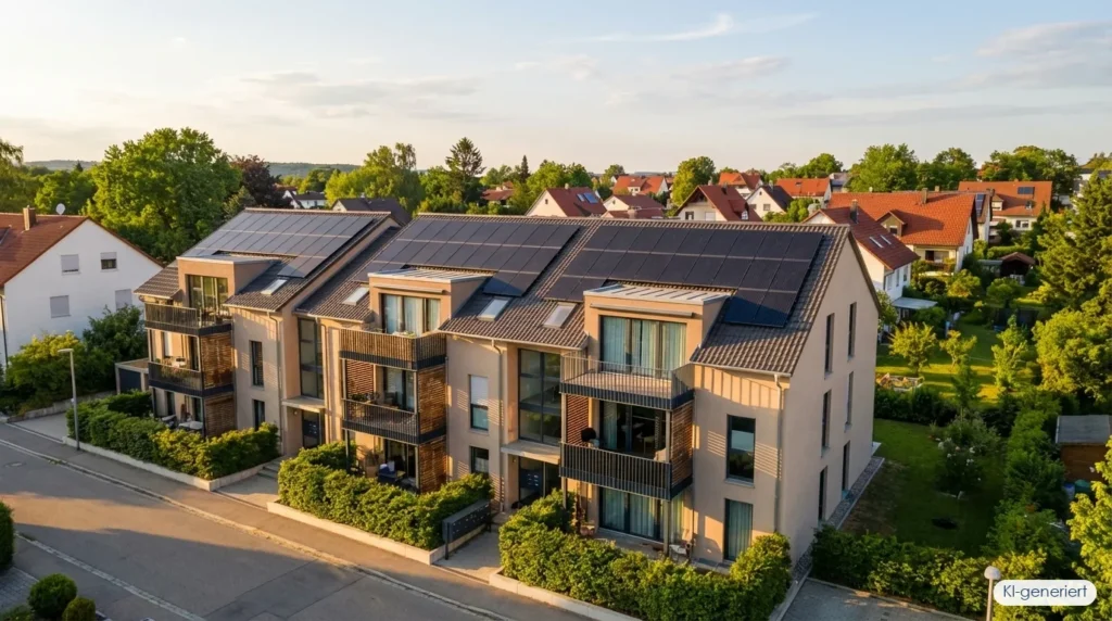 Modernes Mehrfamilienhaus mit PV-Anlage auf dem Dach – PV Mieterstrommodell für Vermieter, KI-generiert