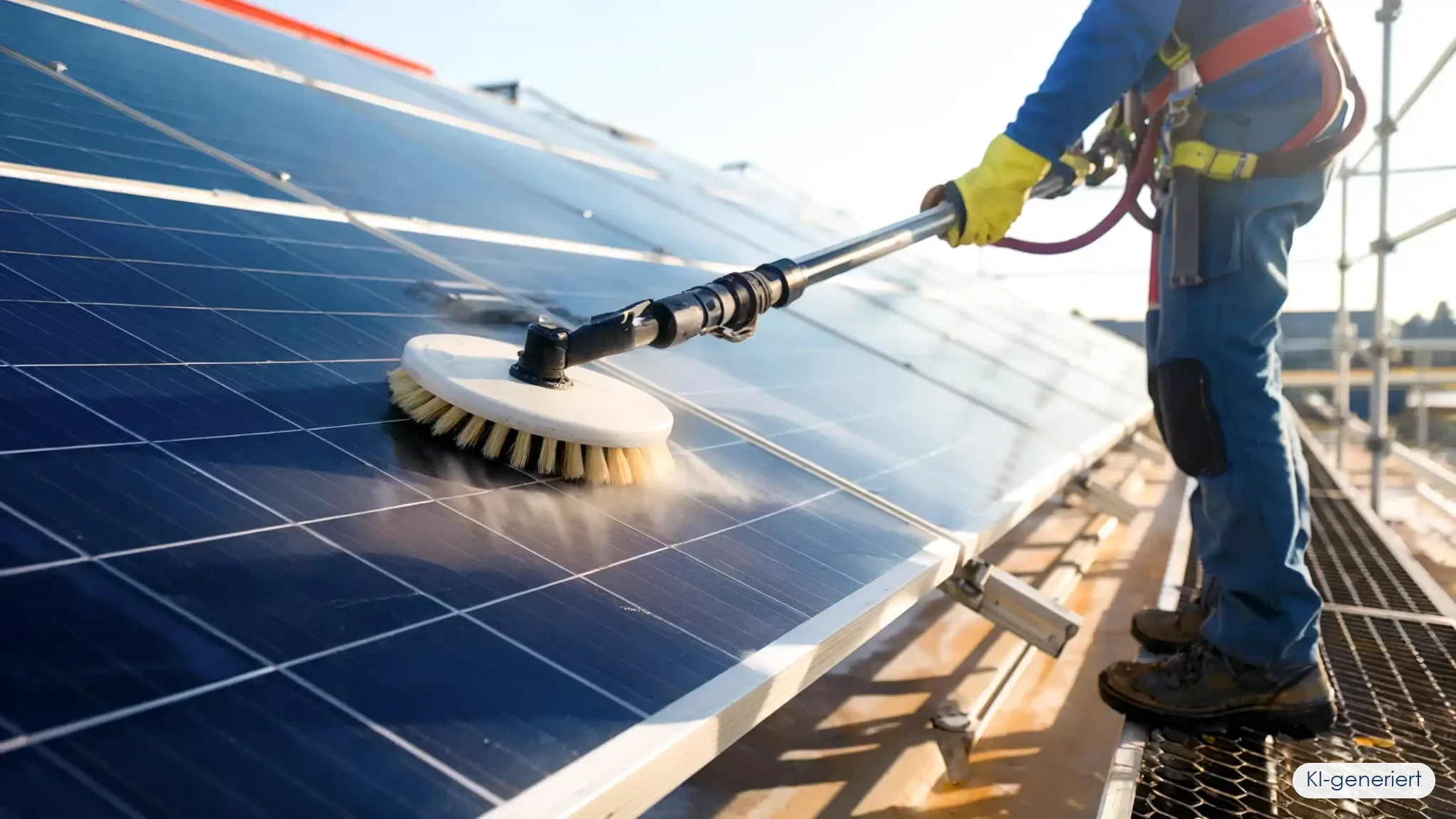 ENnergy Techniker bei der PV-Reinigung auf einem Hausdach