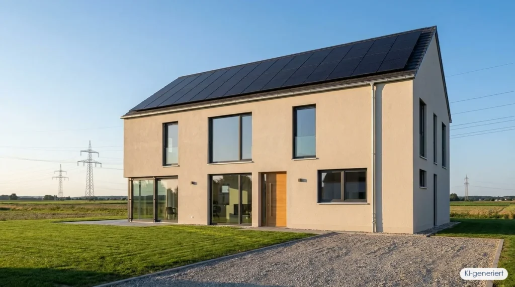 Einfamilienhaus mit Photovoltaik-Anlage und Strommasten im Hintergrund – Rundsteuerempfänger PV-Anlage, KI-generiert