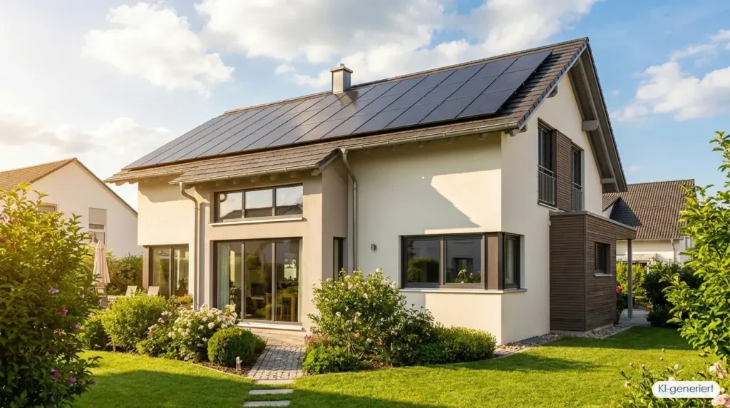 Moderne Solaranlage auf Einfamilienhaus-Dach mit schwarzen Modulen und Batteriespeicher im Keller, KI-generiert