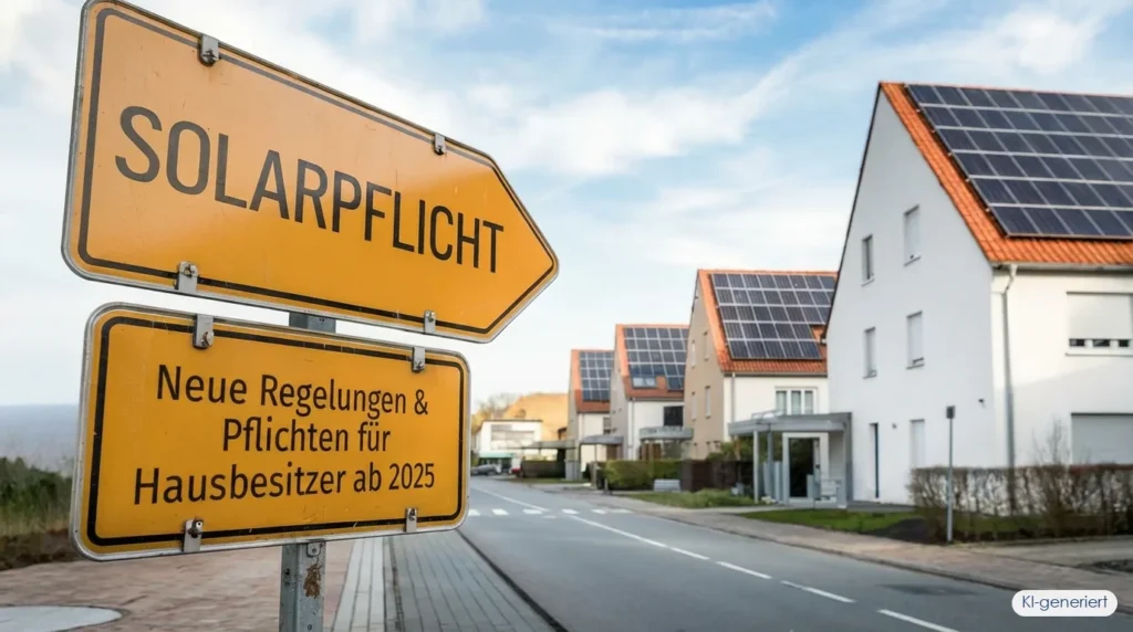 Wegweiser-Schild Solarpflicht vor Wohnsiedlung mit Solarmodulen auf den Dächern – neue Regelungen für Hausbesitzer, KI-generiert