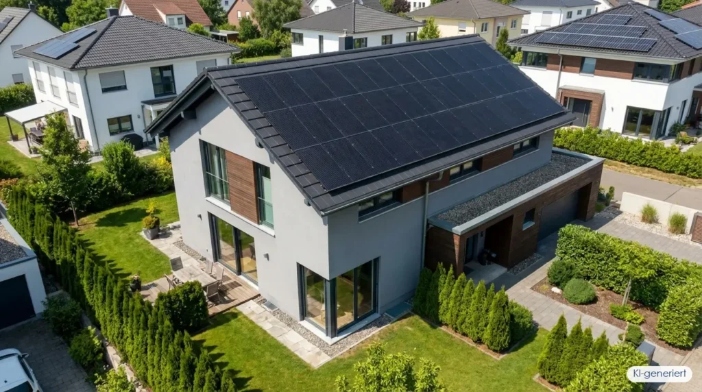 Modernes Einfamilienhaus mit schwarzen Solarmodulen auf dem Dach aus der Vogelperspektive – Solarspitzengesetz, KI-generiert