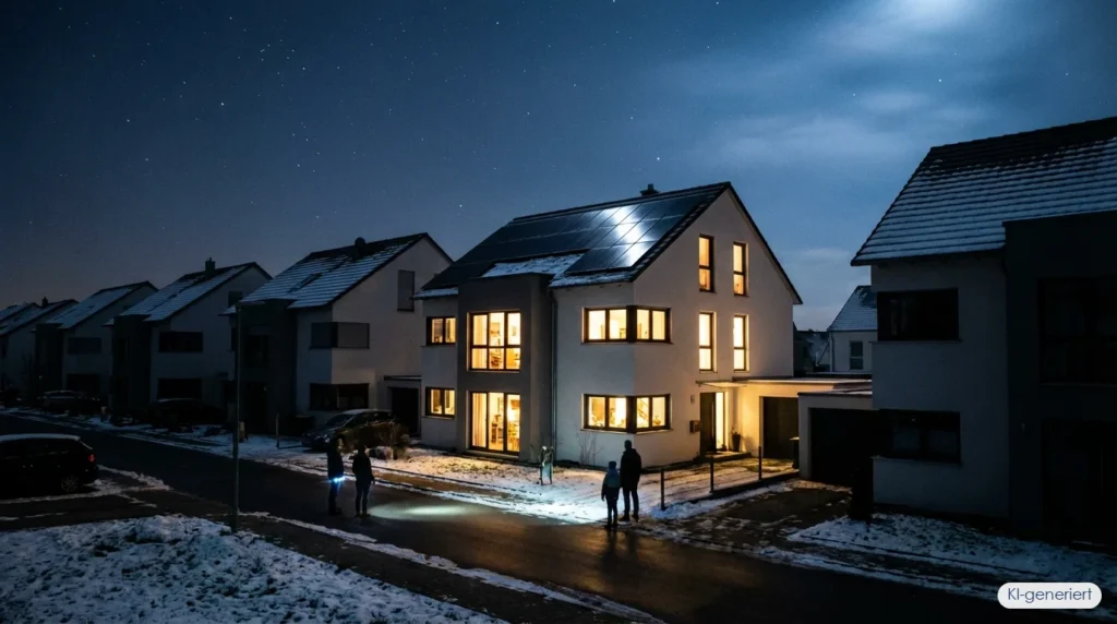 Wohnsiedlung bei Stromausfall in der Nacht – nur ein Haus mit PV-Anlage und Speicher hat Licht, KI-generiert