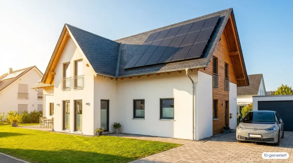 Einfamilienhaus mit Solaranlage auf dem Dach und Darstellung der Stromkosten-Ersparnis durch Photovoltaik, KI-generiert