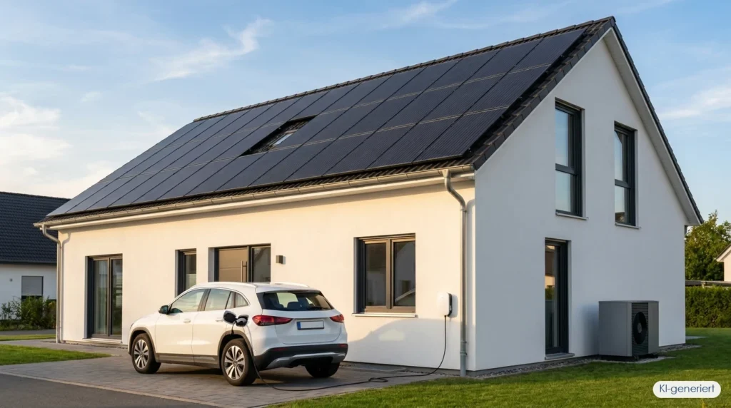 Einfamilienhaus mit Photovoltaik auf dem Dach, Warmepumpe und E-Auto an der Wallbox, KI-generiert