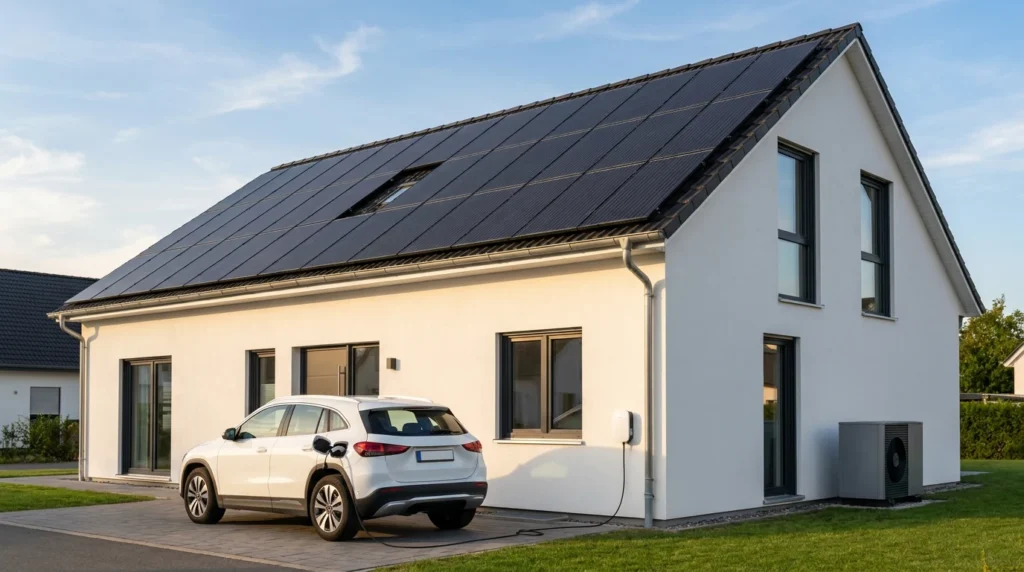 Einfamilienhaus mit Photovoltaik auf dem Dach, Warmepumpe und E-Auto an der Wallbox