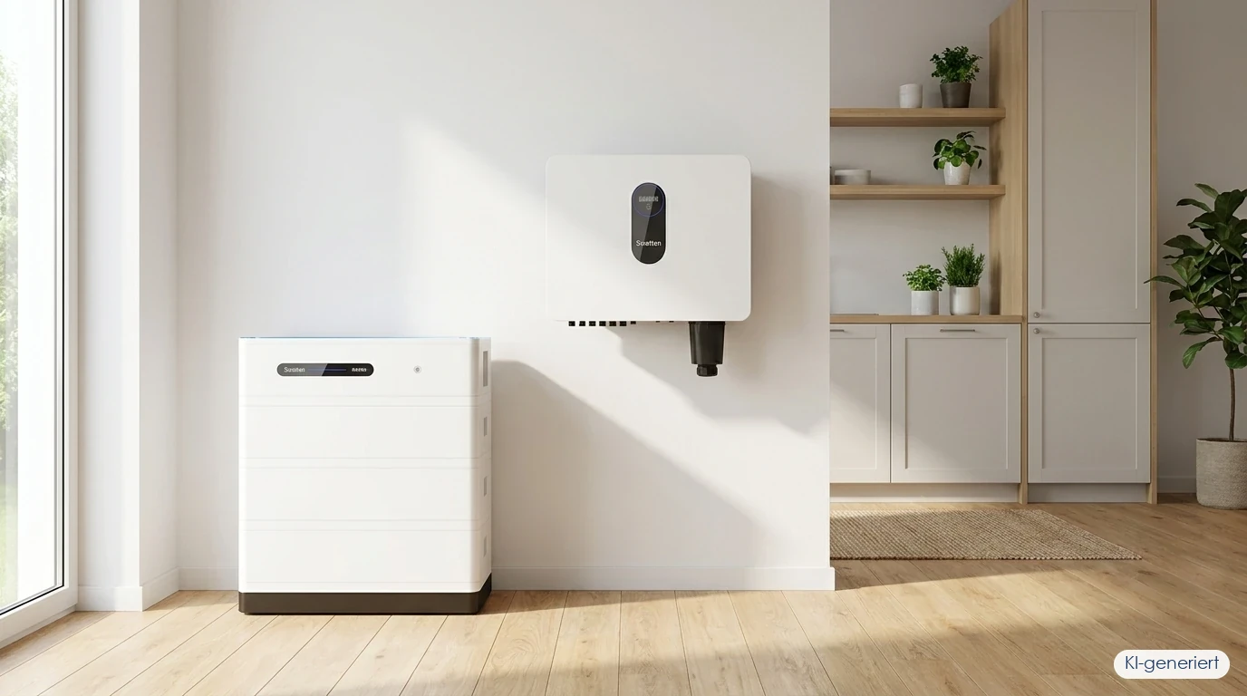 Swatten H1 Hybrid-Wechselrichter an der Wand und F1 Stromspeicher als getrennte Lösung in einem hellen Technikraum