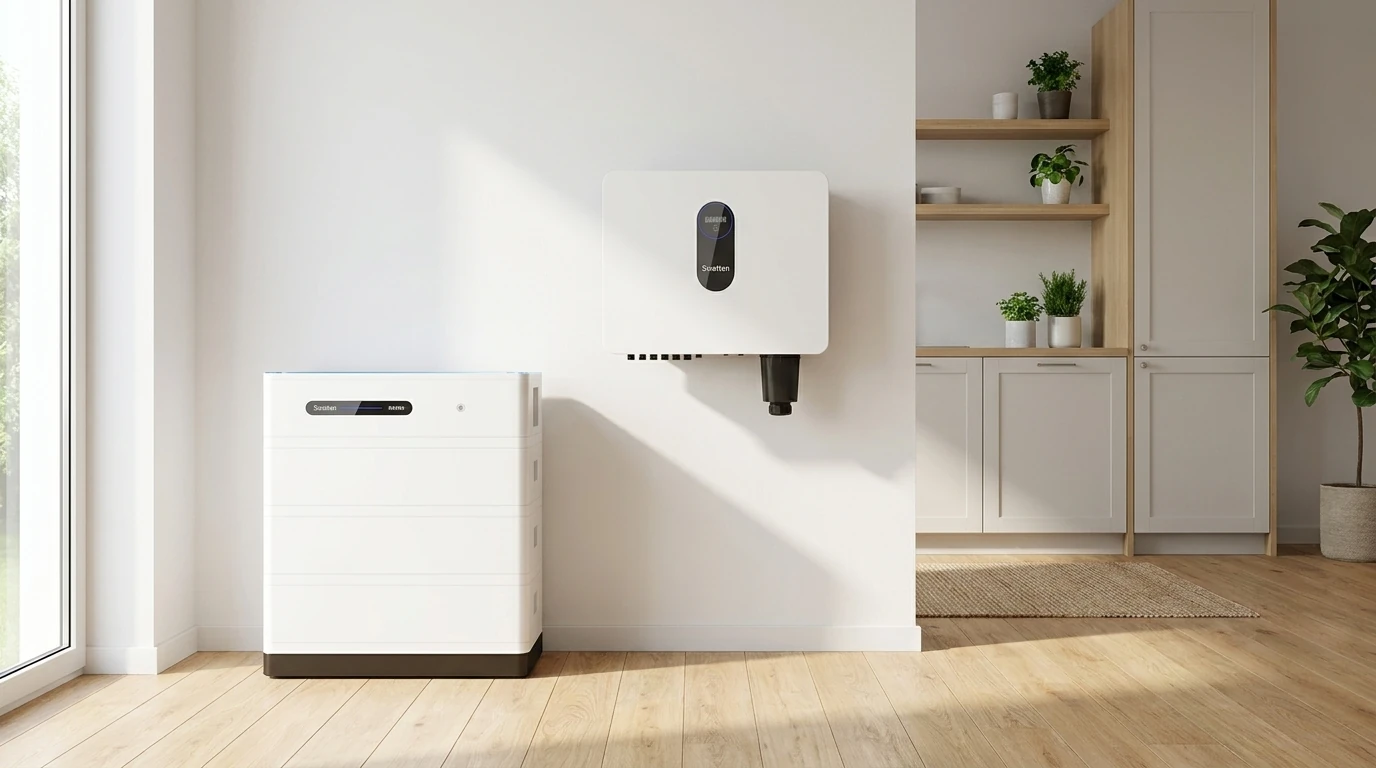 Swatten H1 Hybrid-Wechselrichter an der Wand und F1 Stromspeicher als getrennte Lösung in einem hellen Technikraum