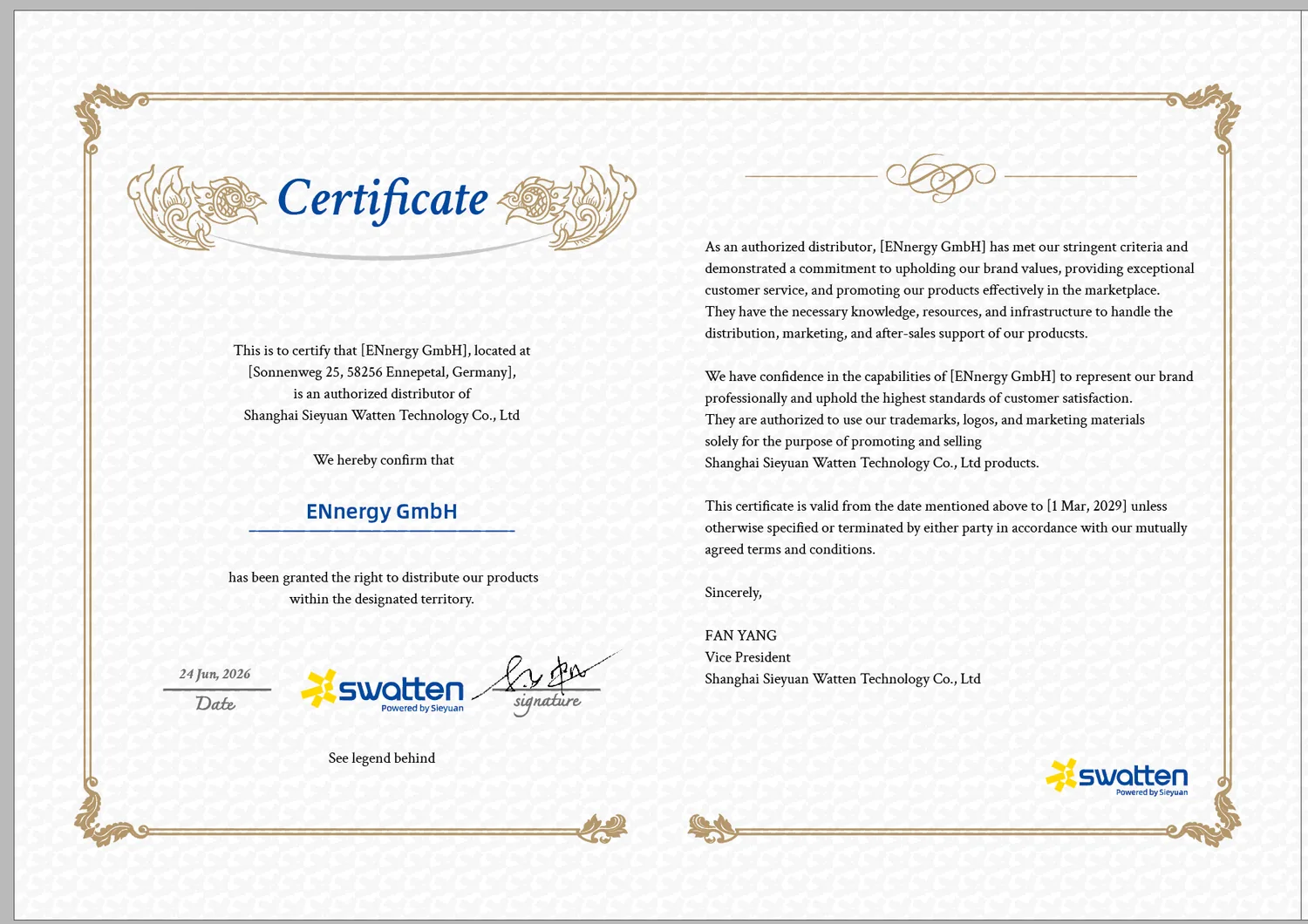Authorized-Distributor-Urkunde von Swatten / Sieyuan für die ENnergy GmbH