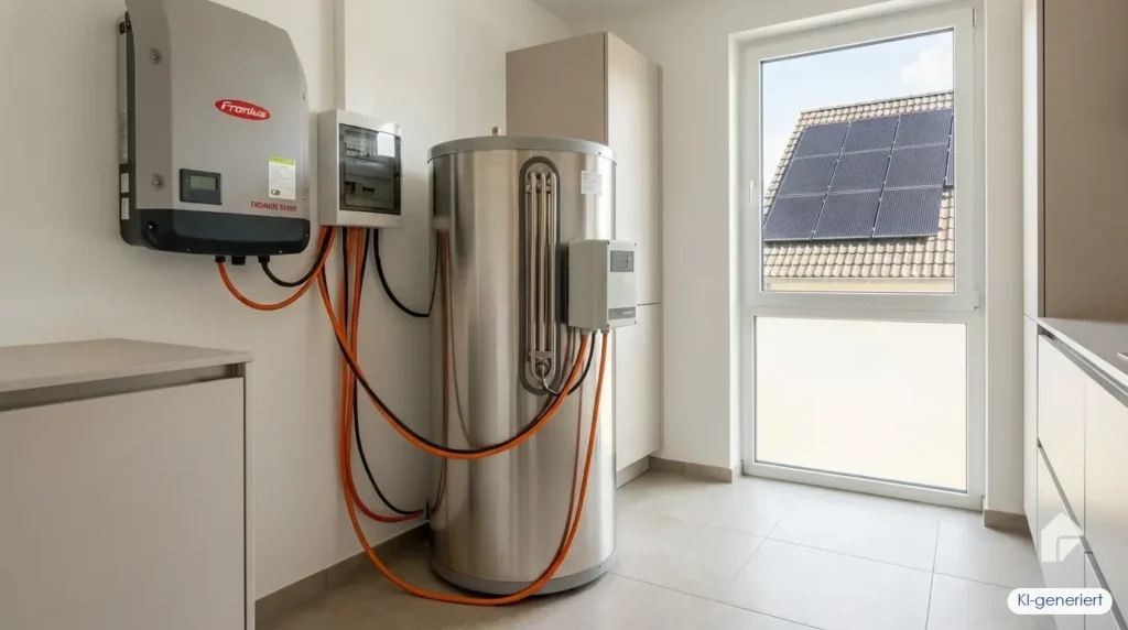 PV-Heizstab im Warmwasserspeicher mit Solarmodulen auf dem Hausdach im Hintergrund bei Sonnenschein, KI-generiert