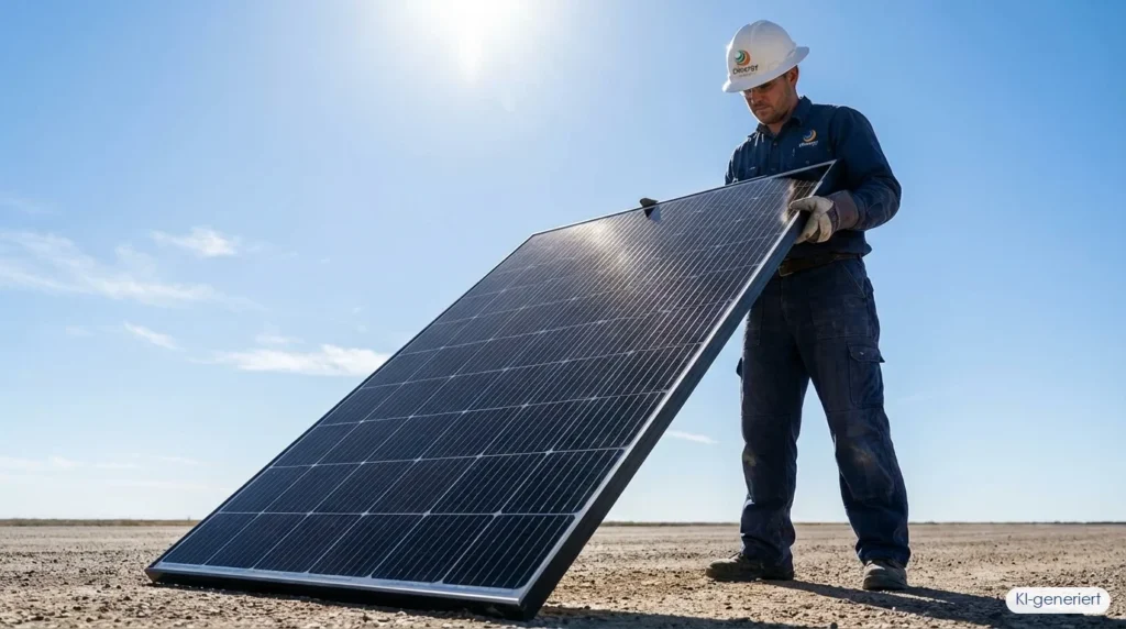 ENnergy-Monteur hält großes Solarmodul im Sonnenlicht – Watt Peak Leistung erklärt, KI-generiert