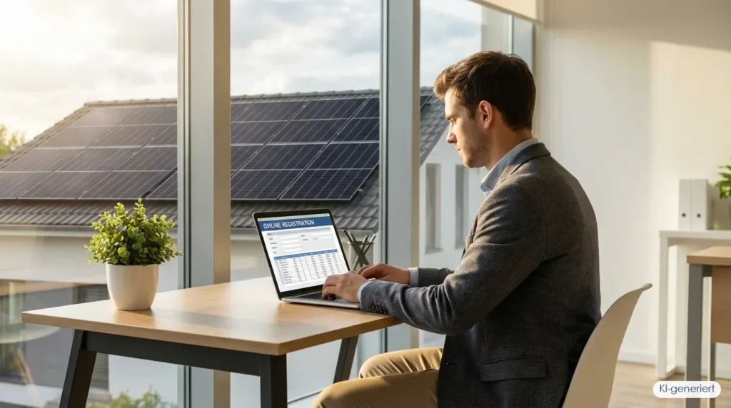 Mann am Laptop sucht die ZEREZ ID für seinen Wechselrichter im Online-Register mit Solaranlage auf dem Nachbardach im Hintergrund, KI-generiert