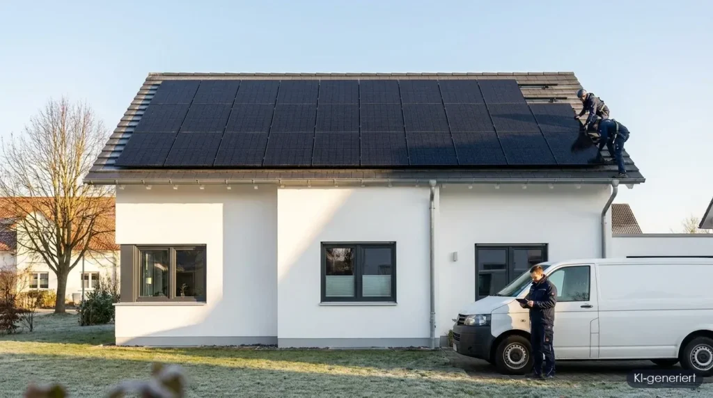 Monteure schließen im Dezember die letzten Solarmodule auf einem Einfamilienhaus an, um die Einspeisevergütung vor der Frist 31.12.2026 zu sichern