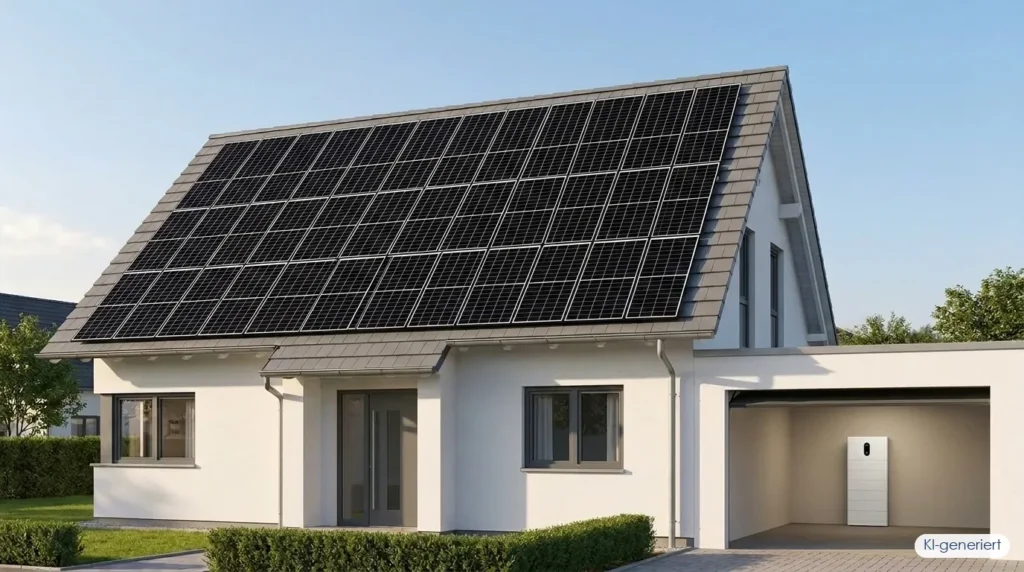 Einfamilienhaus mit voll belegtem Solardach und Batteriespeicher in der Garage als Abwägung zwischen Speicher oder mehr Module, KI-generiert